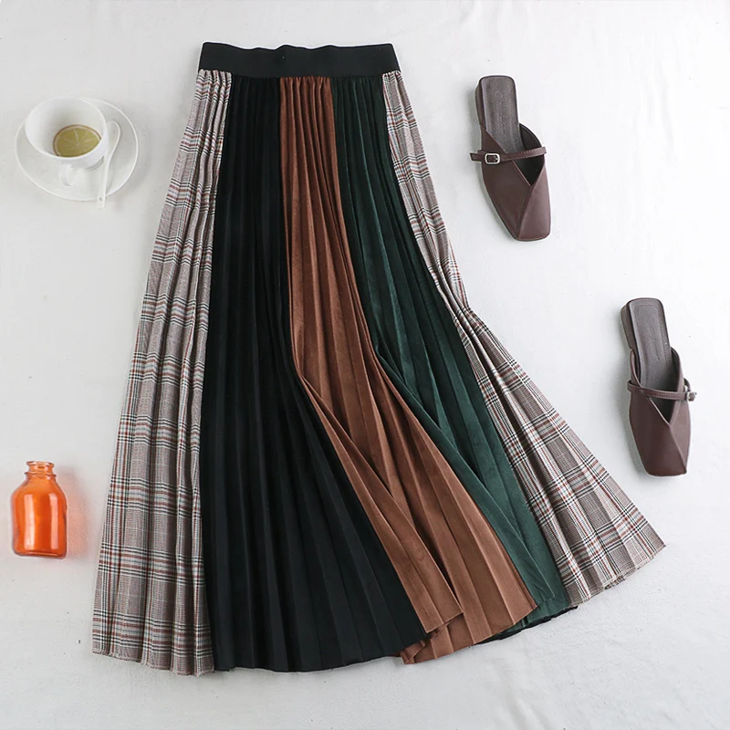 

2020 autumn winter Fashion Contrast Color Pleated Elastic High Waist Skirt All-match Female Splicing Bottoms Mid-length skirt