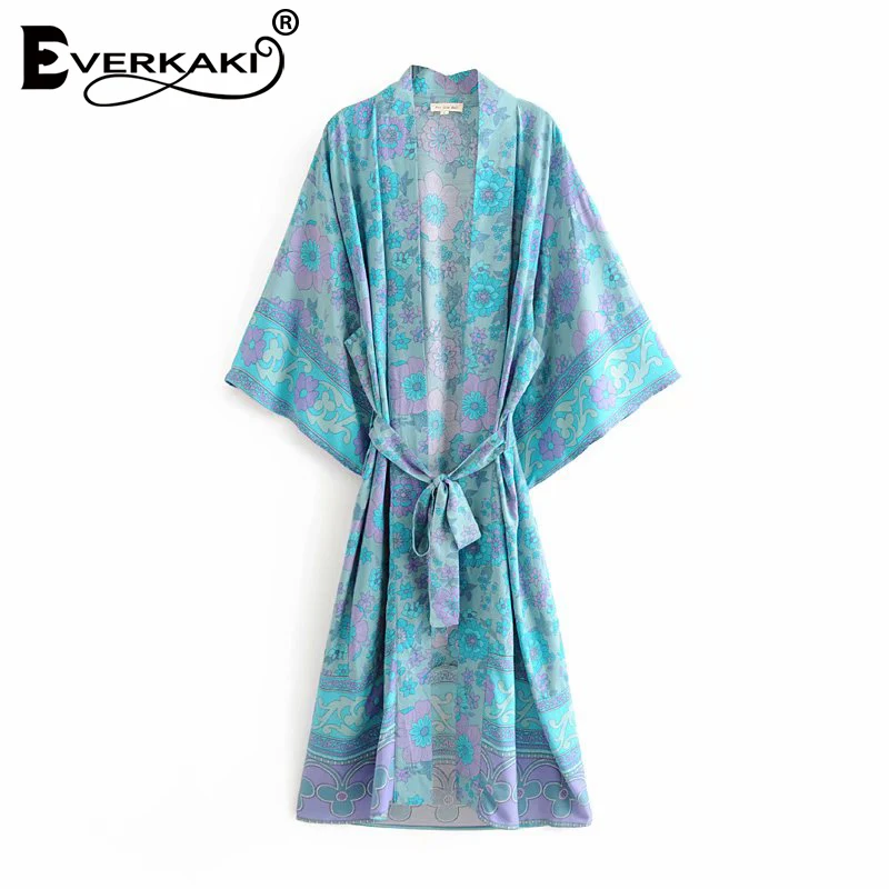 Женское винтажное длинное кимоно Everkaki свободное в этническом стиле с принтом и