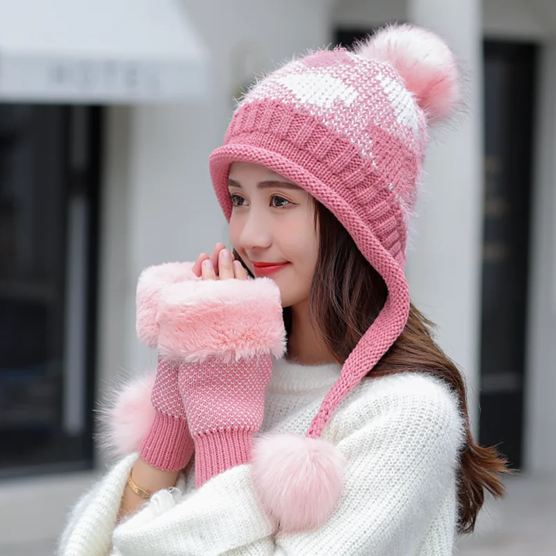Новинка 2019 женская вязаная шапка и перчатки из кроличьего меха толстые теплые