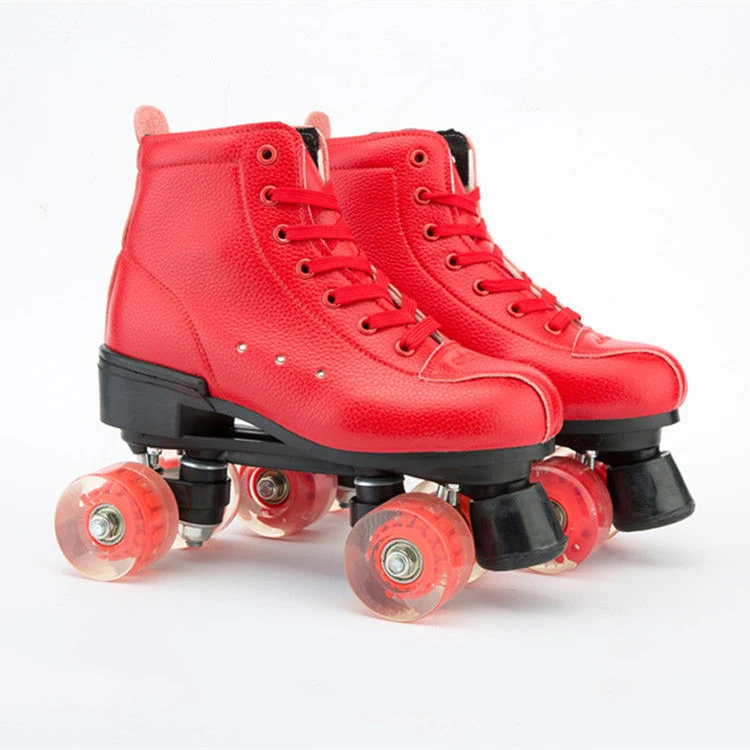 Red Artificial Leather Double Row Roller Skates Shoes With Durable PU Flash Wheel Brake Woman Man Outdoor Sports Shoes