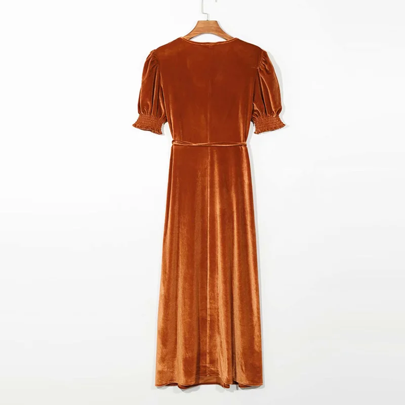 

EAYUCU 2021 Spring New French Niche Girl Long Gold Velvet Light Luxury Temperament Tea Break Strap Wrap Dress ED296