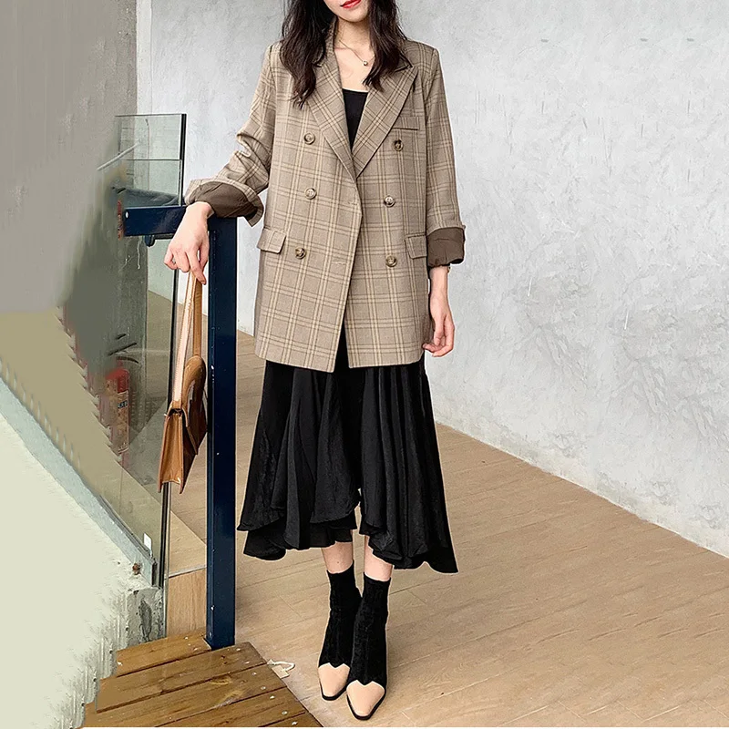 LANMREM хаки клетчатый двубортный женский офисный блейзер с длинным рукавом Женская