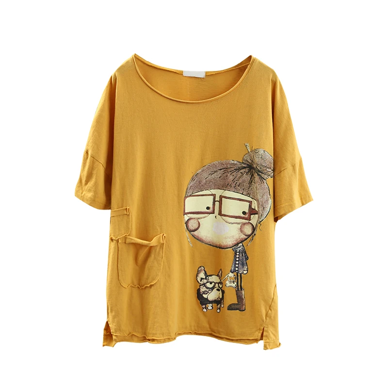

Women Fashion Brand Summer Vintage Patchwork Cartoon Dog Little Girl Print Sweet Short Sleeve T-Shirt Female Casual Tee Tshirts