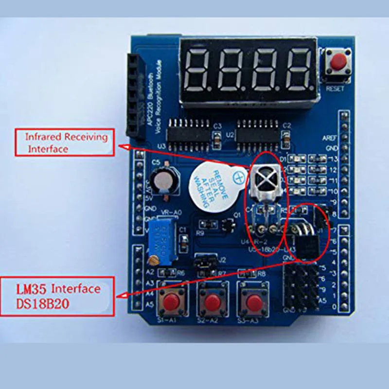 

2 Pcs Multifunctional Shielding Multifunctional Expansion Board Module,with Buzzer LM35 4LED, with Four Digital Displays