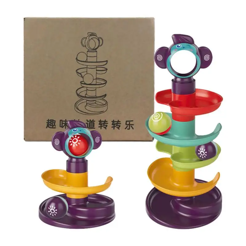 

Baby Cute Monkey Pattern Roll Ball Tower Puzzle Assembly Toy Learning Kids 5-layer Building Block Track Turn Music Roll Ball