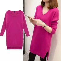 womens warm v neck sweater mini dress 2021 winter warm loose thick long paragraph bottoming knit sweater straight dress