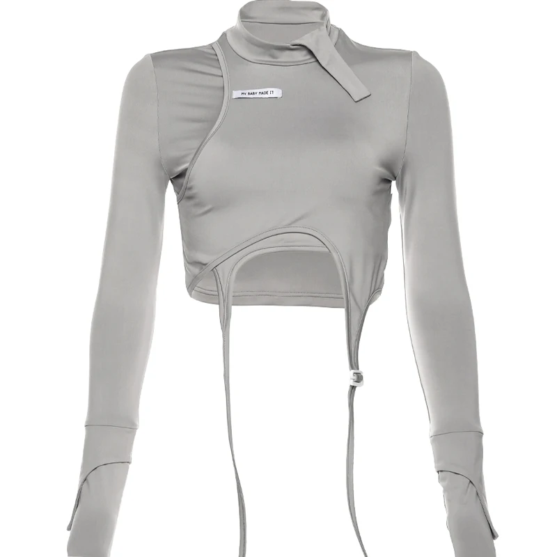 

XUXI Women Short T-shirt Sexy Long Sleeve Irregular Tight-fitting Stretch Thin T-shirt Female Top Spring Autumn 2021 E592