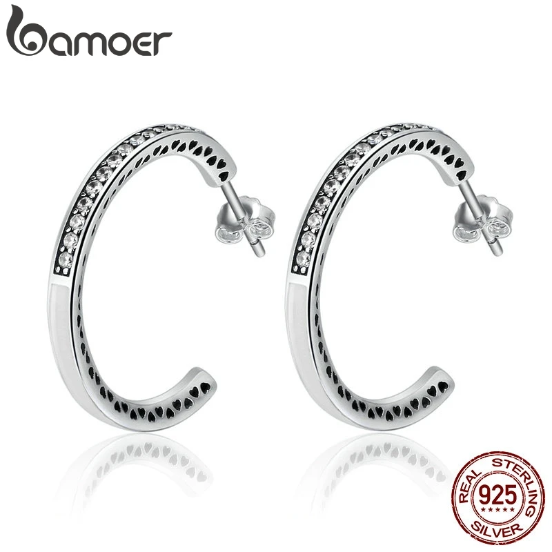 BAMOER 925 пробы серебряные Сияющие сердца с белой эмалью и прозрачными фианитами серьги-кольца для женщин ювелирные изделия из стерлингового серебра Bijoux SCE211