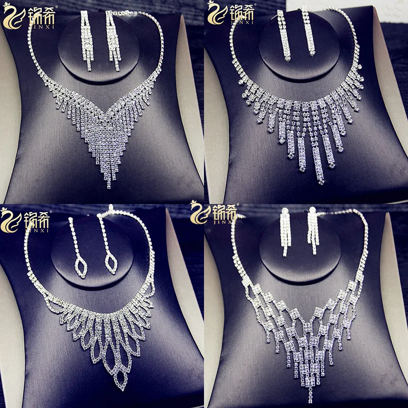 

Factory Direct Sales Rhinestone Necklace Bridal Wedding Dress Full Diamond Earrings Set Chain Dinner Party Wholesale