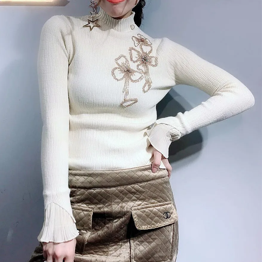 Luxury Diamond Beadings New Long Sleeve Stand Neck Women Sweaters Knitted Sweater tricotado Pullovers For Ladies Work Wear NS862 | Женская