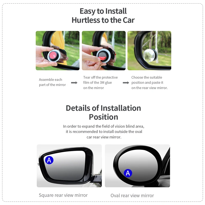 Рок HD слепое бескаркасное выпуклое зеркало заднего вида автомобиля 360 градусов