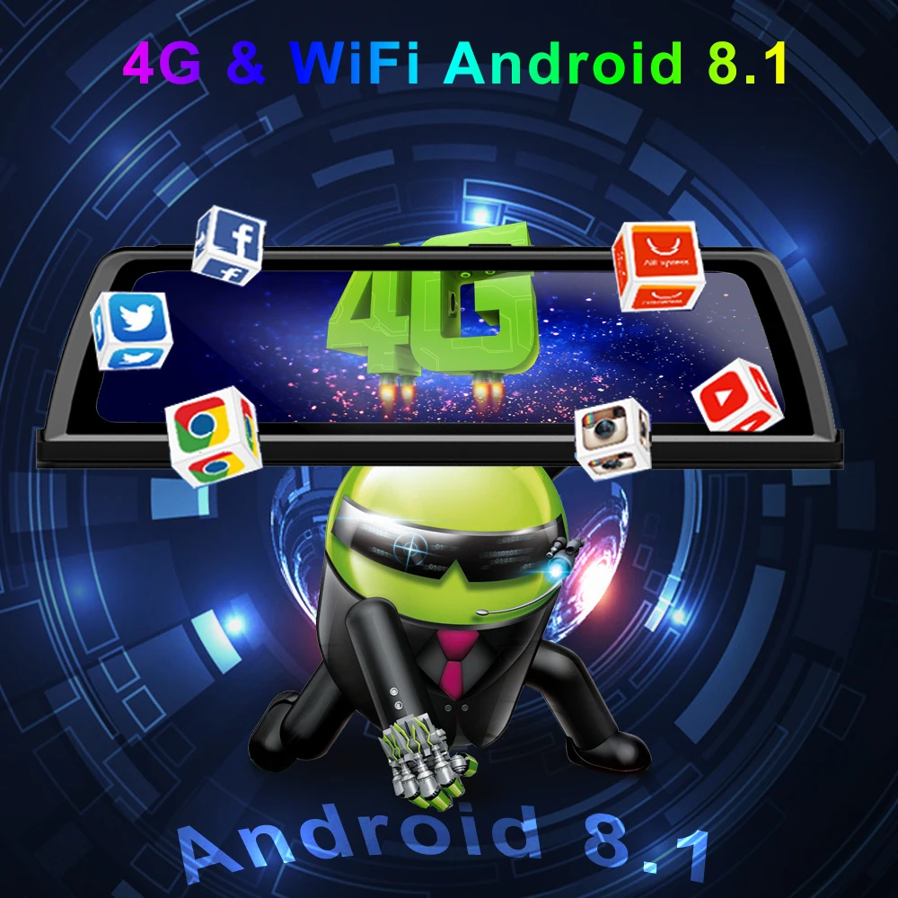 Автомобильный видеорегистратор Bluavido 10 дюймов IPS 4G ADAS Android GPS-навигация 1080P Wi-Fi