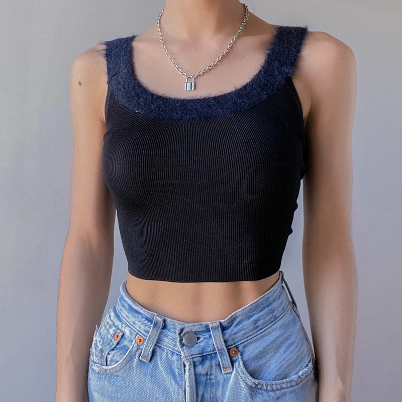 

Women Sexy Fur Patchwork Solid Crop Tops Cotton Fairycore Kawaii Casual Camisole Shirts Vintage Fashion All-match Outfits