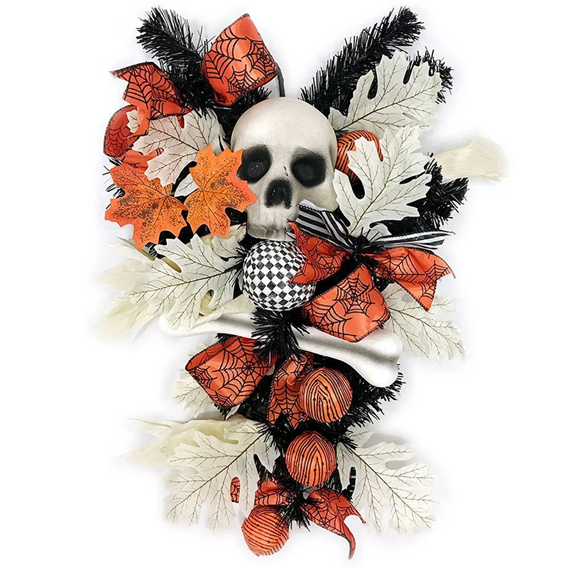 Decoraci&oacute;n de calavera de esqueleto de Halloween, adorno colgante de hoja de arce de calabaza, corona de puerta, decoraci&oacute;n de pared interior-5
