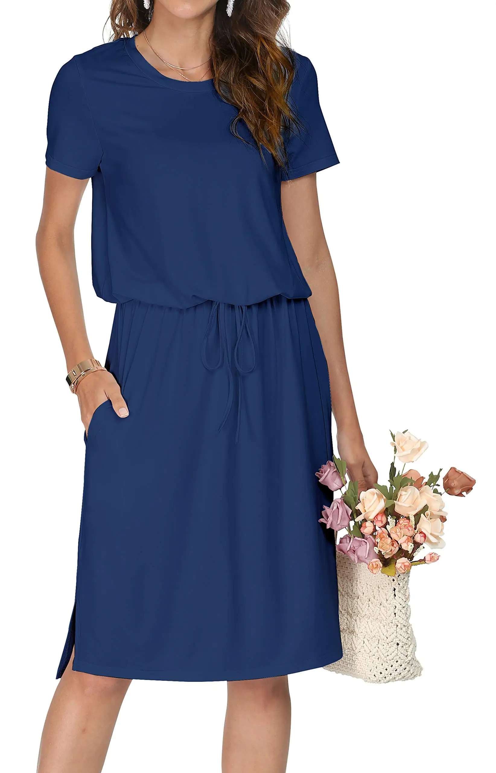 

Womens Adjustable Waist Line Midi Dress with Pockets