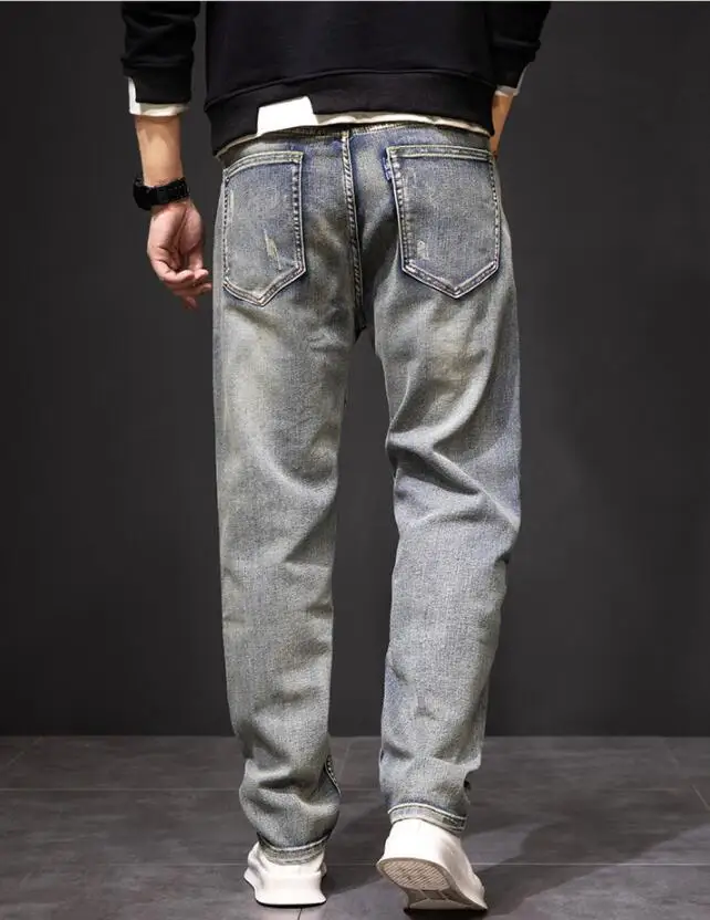 Brocade Carp Embroidered Jeans Men Straight Slim-Fit Distressed Washed Jeans Baggy Denim Pants Size 28-41