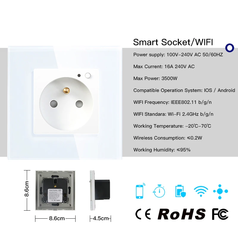 

FR WiFi Smart Wall 16A Socket Outlet Glass Panel French Smart Life/Tuya Remote Control,Works with Amazon Echo Alexa Google Home