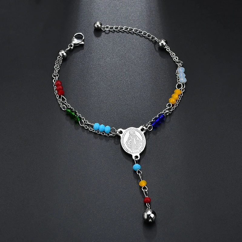 Роскошные 316L сталь Регулируемая Креста Девы браслет Mary шарик CZ хрустальное
