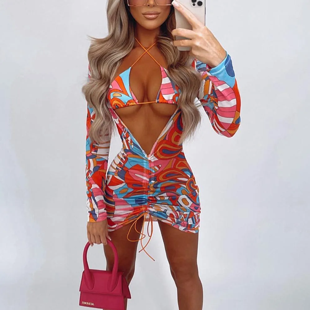 

Long Sleeve Print Swimwear Women 2022 Sexy Micro Bikini Set With Mesh Cover Up 3 Pieces Swimsuit Beachwear Bathing Suit Biquini