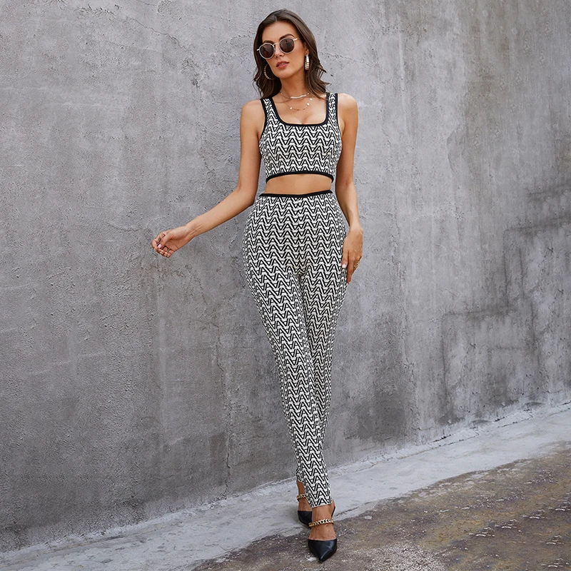 High Quality Square Collar Low Chest Crop Tops And Pencil Pants Celebrity Party Club Bandage Two Pieces Suit enlarge