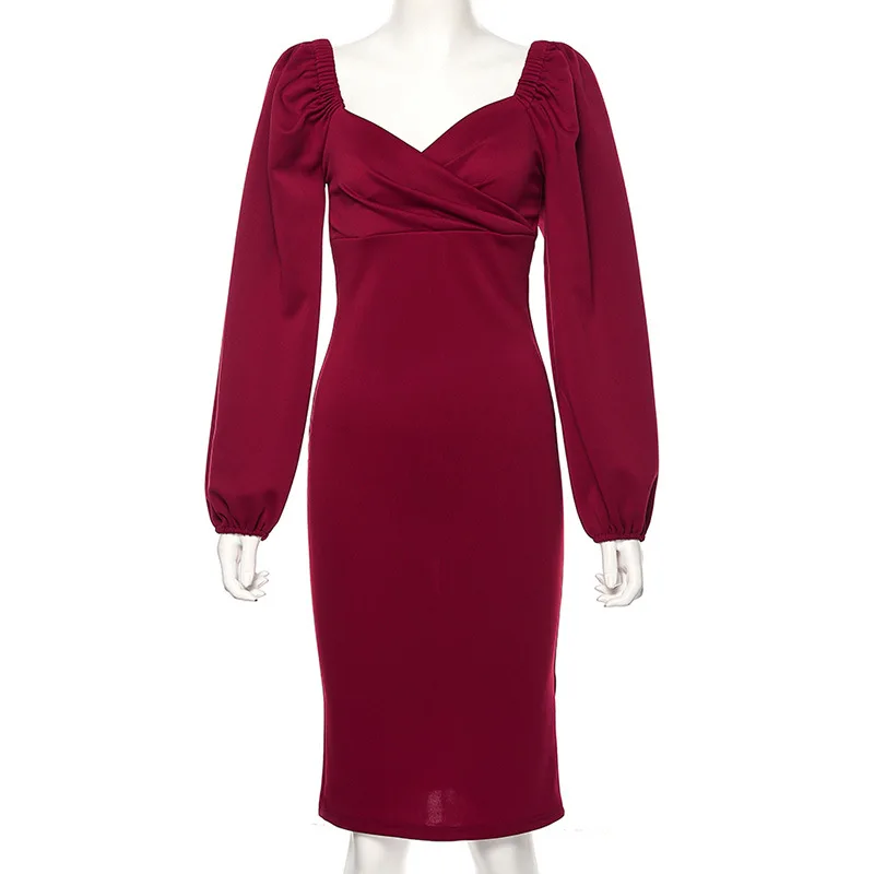 2019 осень Офисные женские туфли с буффами на рукавах платье миди квадратным