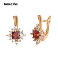 hanreshe 585 rose gold color stud earrings classic jewelry party pretty luxury copper red blue crystal earring girl women gift
