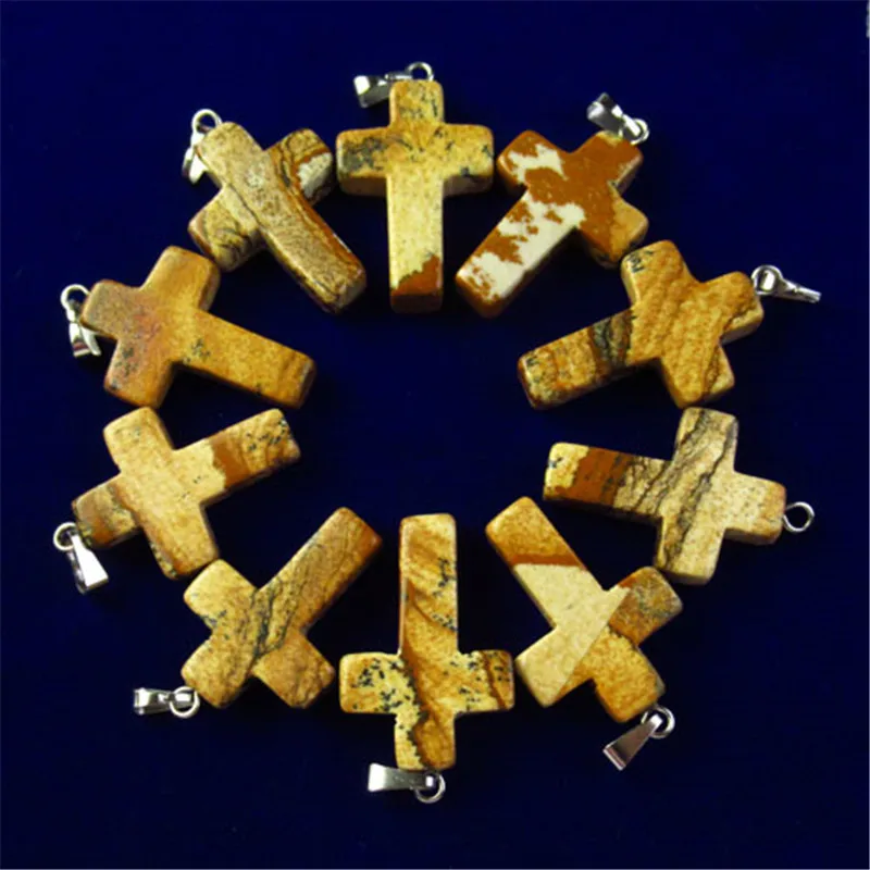 

20pcs 28x18x5mm Carved Natural Picture Jaspers Cross Pendant Bead 302SK