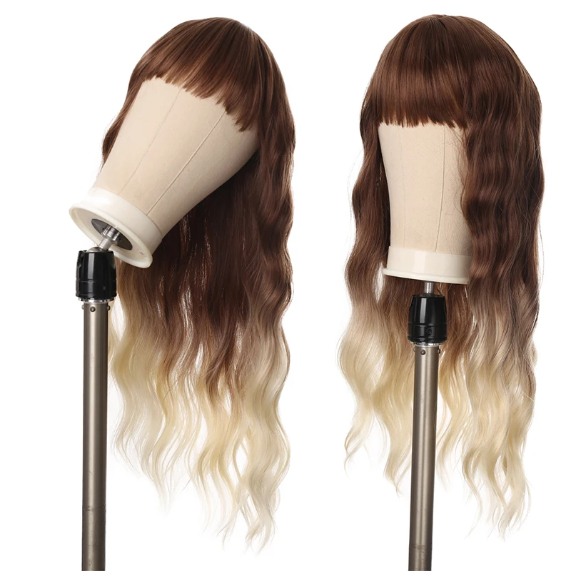 

TALANG Long Water Wave Hair Wigs for Women Ombre Brown to Blonde Synthetic Curly Hair Wigs With bangsHeat Resistant Fiber