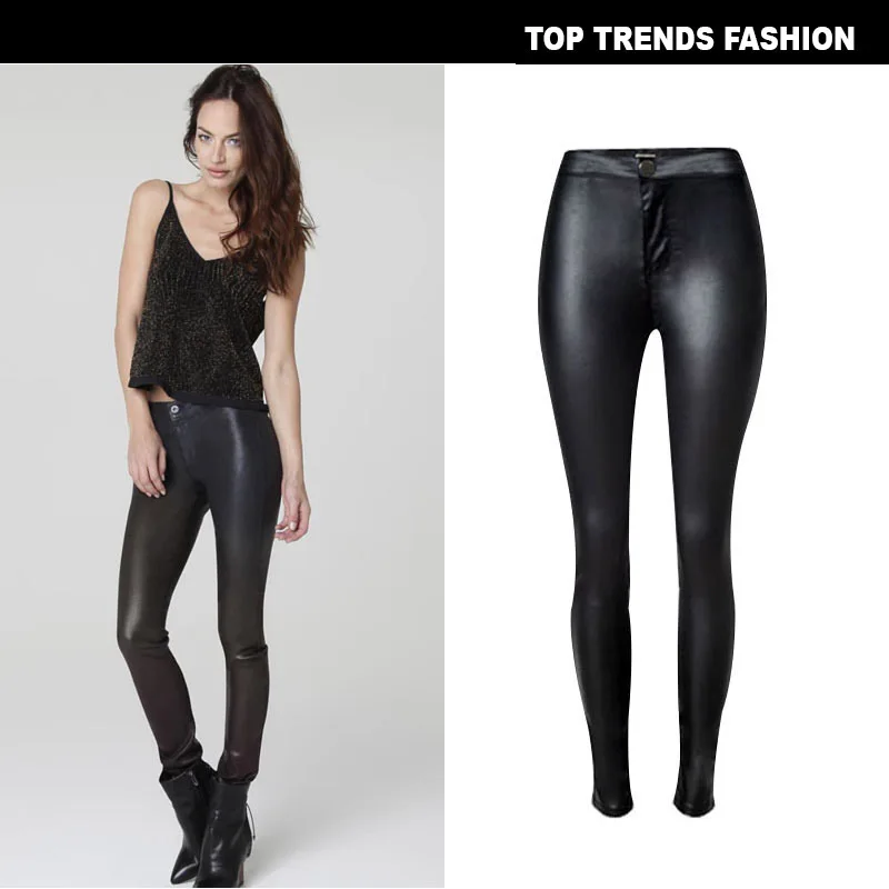 

American high waisted one button pocket less fall and winter versatile locomotive imitation leather leggings large size