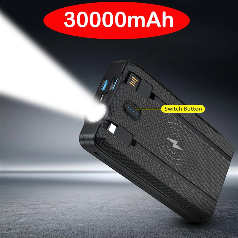 

30000mAh Solar Power Bank Built in Cable Qi Wireless Charger for iPhone 12 11 Samsung S21 Xiaomi Powerbank with LED Flashlight