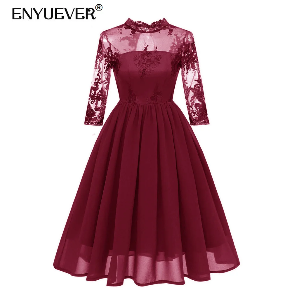 

Enyuever Formal Dress Women Clothing Long Sleeve Mesh Hollow Out Swing Elegant Evening Party Chiffon Embroidered Dress Vestidos