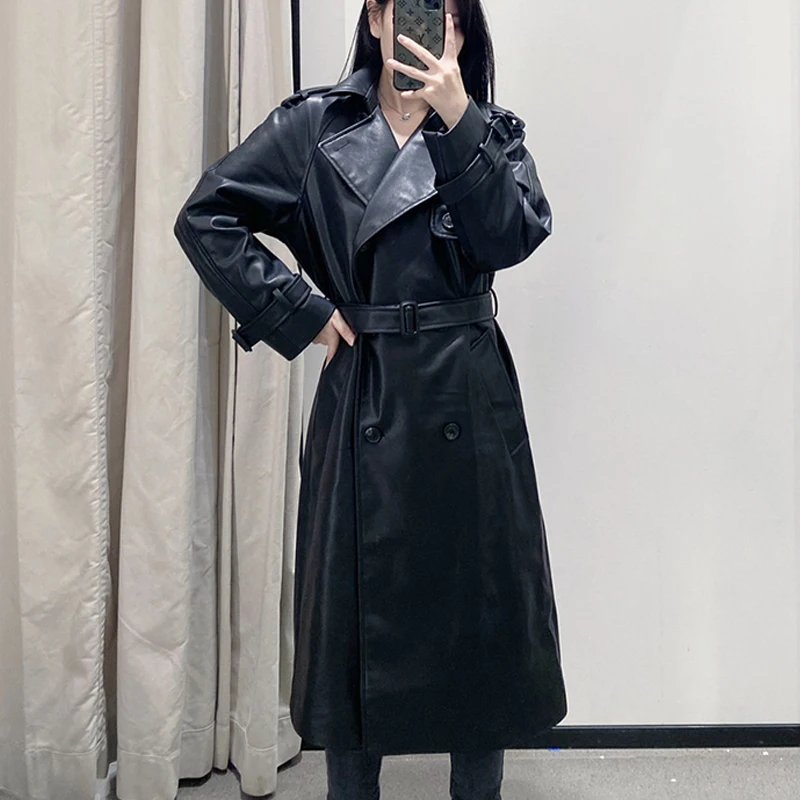 Модная длинная байкерская куртка из искусственной кожи для женщин на осень и