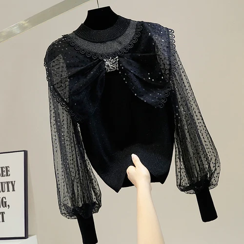 

Embroidery Sequins Sweater Women 2021 Spring Autumn Fashion Mesh Lantern Sleeve Sweet Bow Collar Knitwear Shirt Lady Top