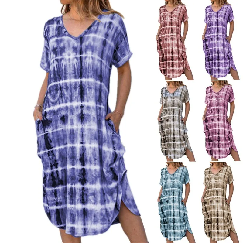 

Plaid Dress Women Tie Dye Loose Summer Dress With Pockets Casual Wear Xxl Sukienka Deep V Neck Double Slit Dress Irregular Hem