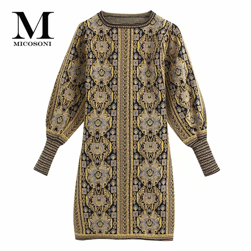 Micosoni женское вязанное платье с круглым вырезом длинными рукавами фонариками