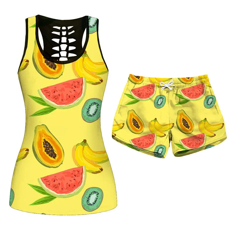 

2021 Women Yoga Sets Outfits Female Print Fitness Vest Sports Top Summer Women's Clothing Gym 2 Piece Suit Strappy Shorts Set