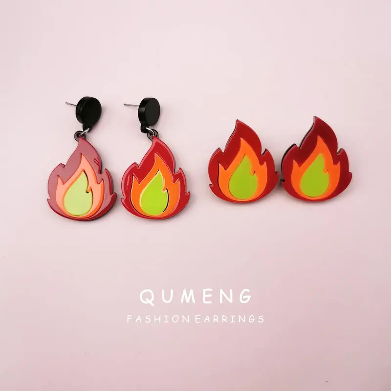 

QUMENG 2020 Sweet Cute Acrylic Fire Flame Geometric stud Earrings for Women Girls Hip Hop Nightclub Party punk acrylic earrings