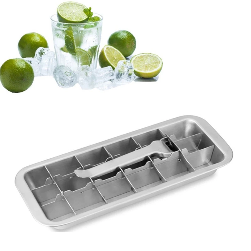 Bandeja de hielo de estilo palanca 2 en 1, molde de Fabricaci&oacute;n de hielo de acero inoxidable y Molde de cubo de forma cuadrada de f&aacute;cil liberaci&oacute;n-0