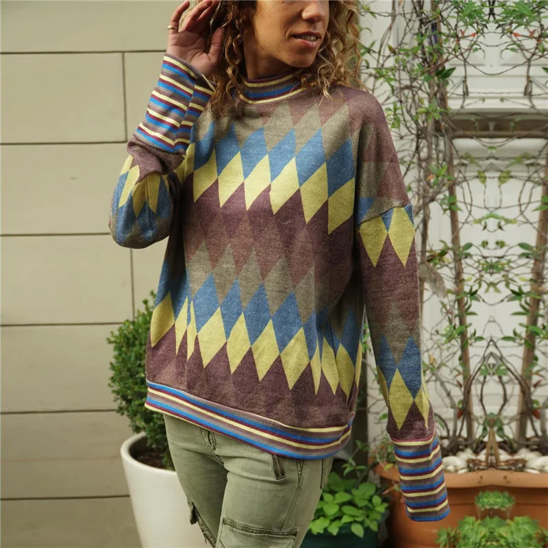 Лоскутная женская верхняя мода геометрический принт с длинным рукавом винтажная