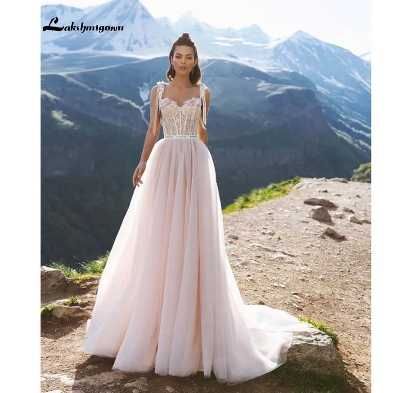 

Blush Pink Beach Wedding Dress 2020 Boho Style Backless Tulle Robe de Mariage Sexy Wedding Gowns