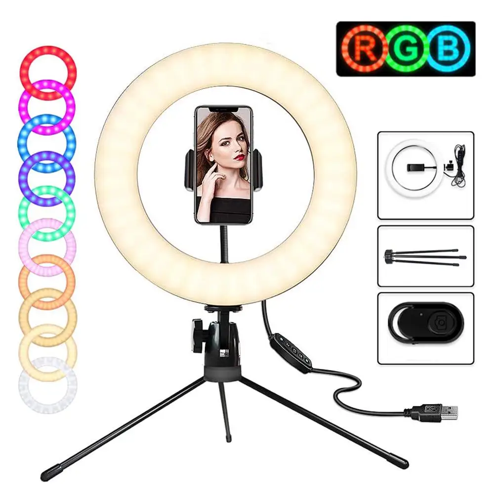 

26cm RGB Beauty Light-adjustable Fill Ring Light Tripod Desktop Stand Phone Clip Live Fill Light Have 10 brightness three light