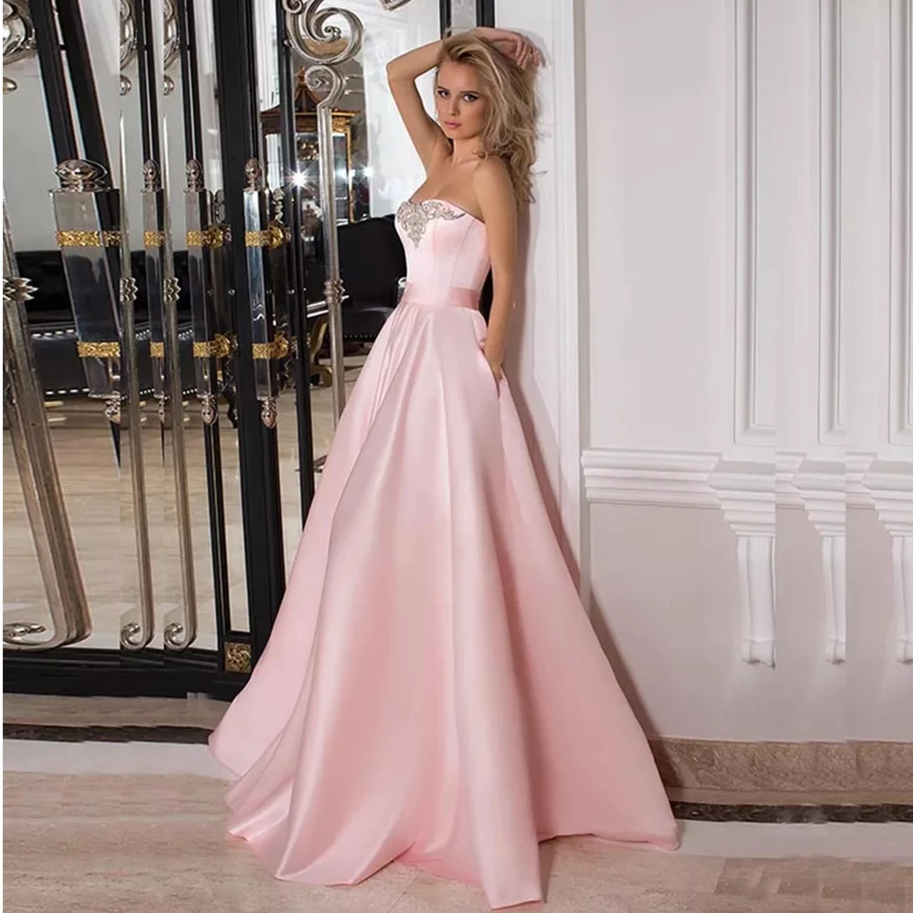 

New Elegant Strapless Satin Beading Formal Evening Dress Draped Sashes simple Floor Length Women Dress Long A-line Party Gown