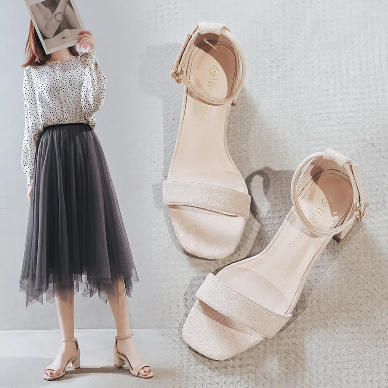 

KATELVADI Black Summer Women's Sandals Square Heels 5CM Ankle Strap Flock Material Sandals Women Shoes HUD003