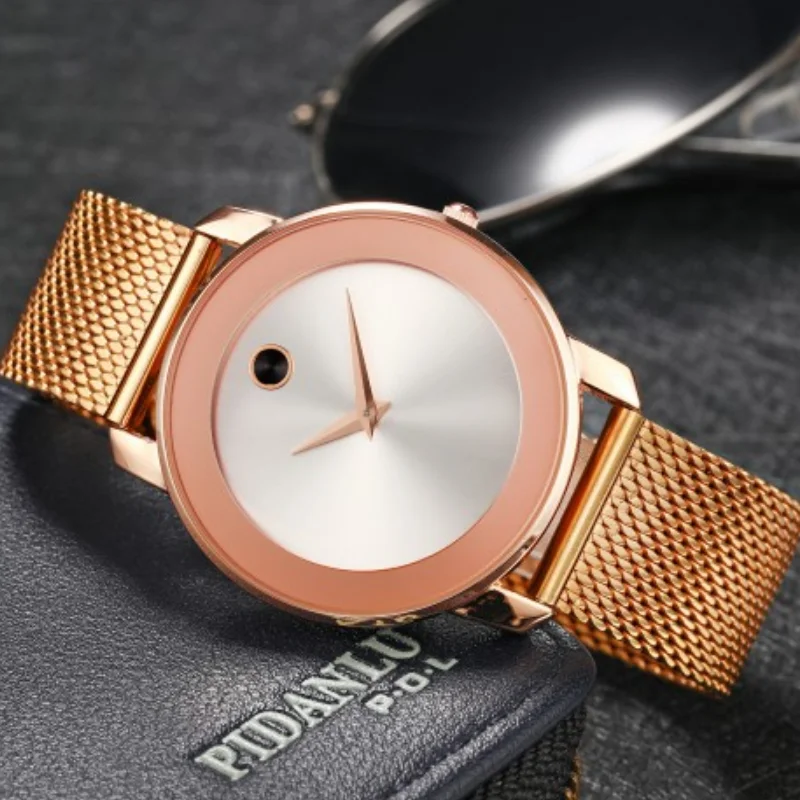 MISSFOX Bold желтого золота ионно покрытием Нержавеющая сталь чехол золото циферблат