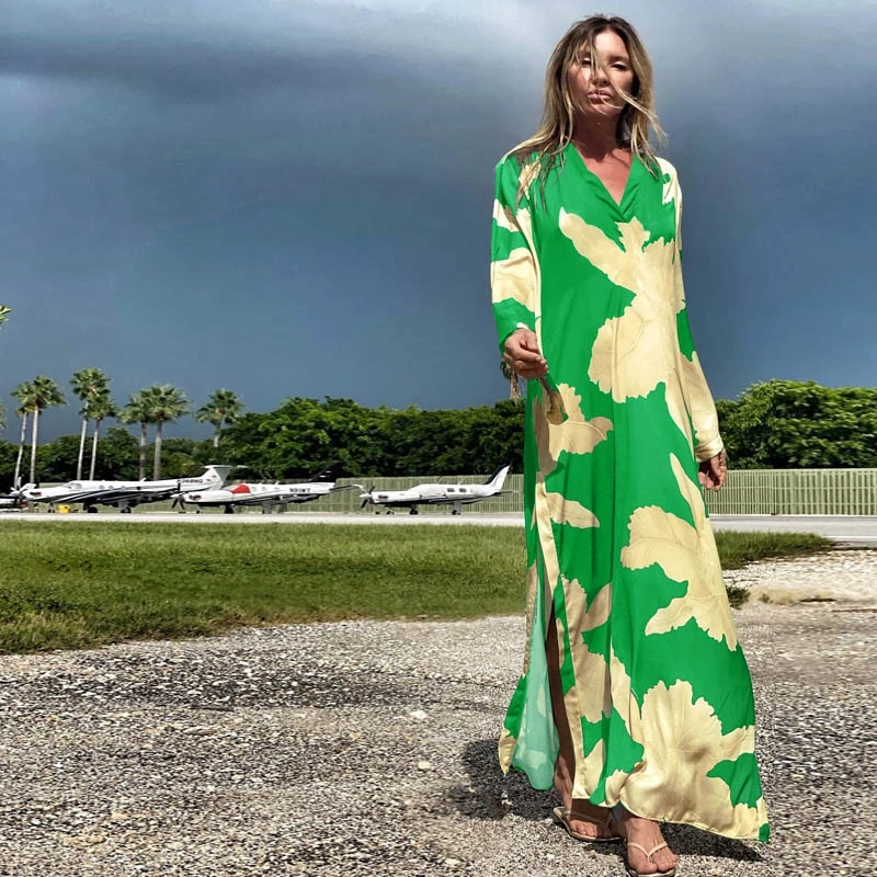 Элегантное зеленое Цветочное платье классическое пляжное с длинным рукавом и