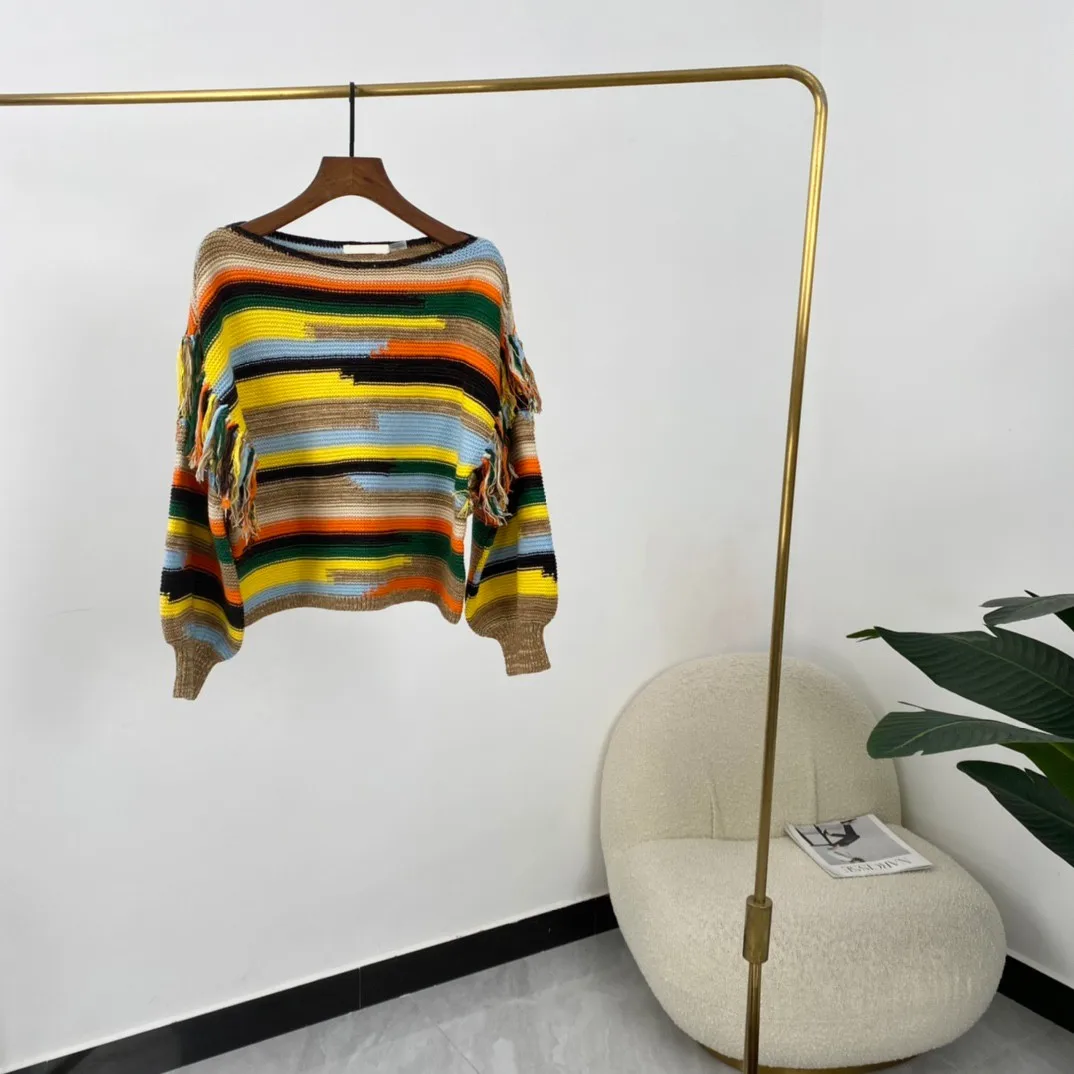 

Tassels Knit Sweater High Quality Designer Style Women Fashion Colorful Striped Long Sleeve 2021 Fall