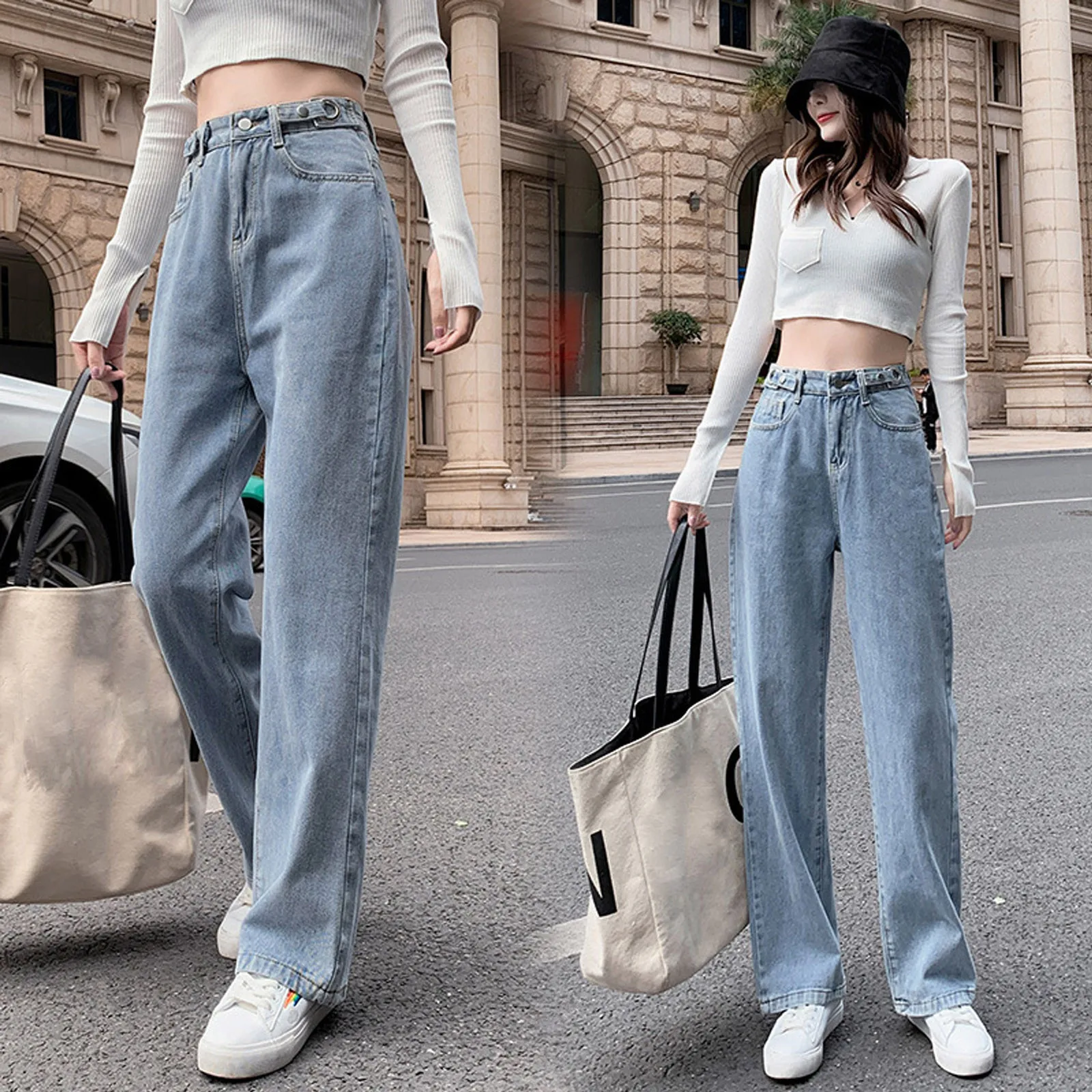 

Women's Casual Pants Hight Waist Distressed Straight Denim Jeans Vintage Trouser Women's High-rise Straight-leg Jeans