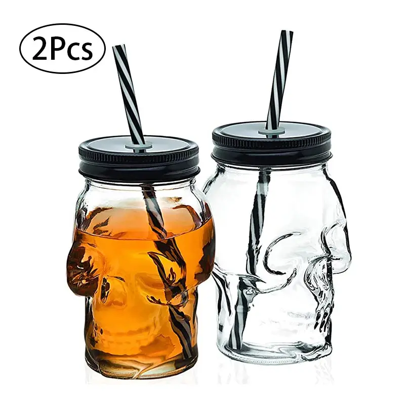 2Pcs Creative Skull Mason Jar Retro Coffee Mug With Lid & Straw Home Milk Juice Cup Bar Party Cocktail Glass Halloween Drinkware