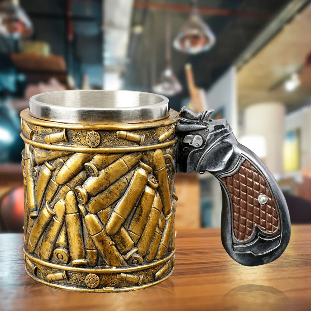 

Revolver Gun Pistol Tankard Mug With Ammo Bullet Round Shells Mugs Cup Bottle Birthday Christmas Halloween Gift