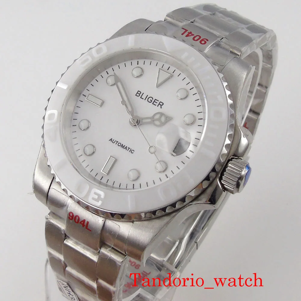 

Bliger NH35 MIYOTA 8215 40mm White Dial Sapphire Glass Luminous Date Movement Oyster Bracelet Ceramic Bezel